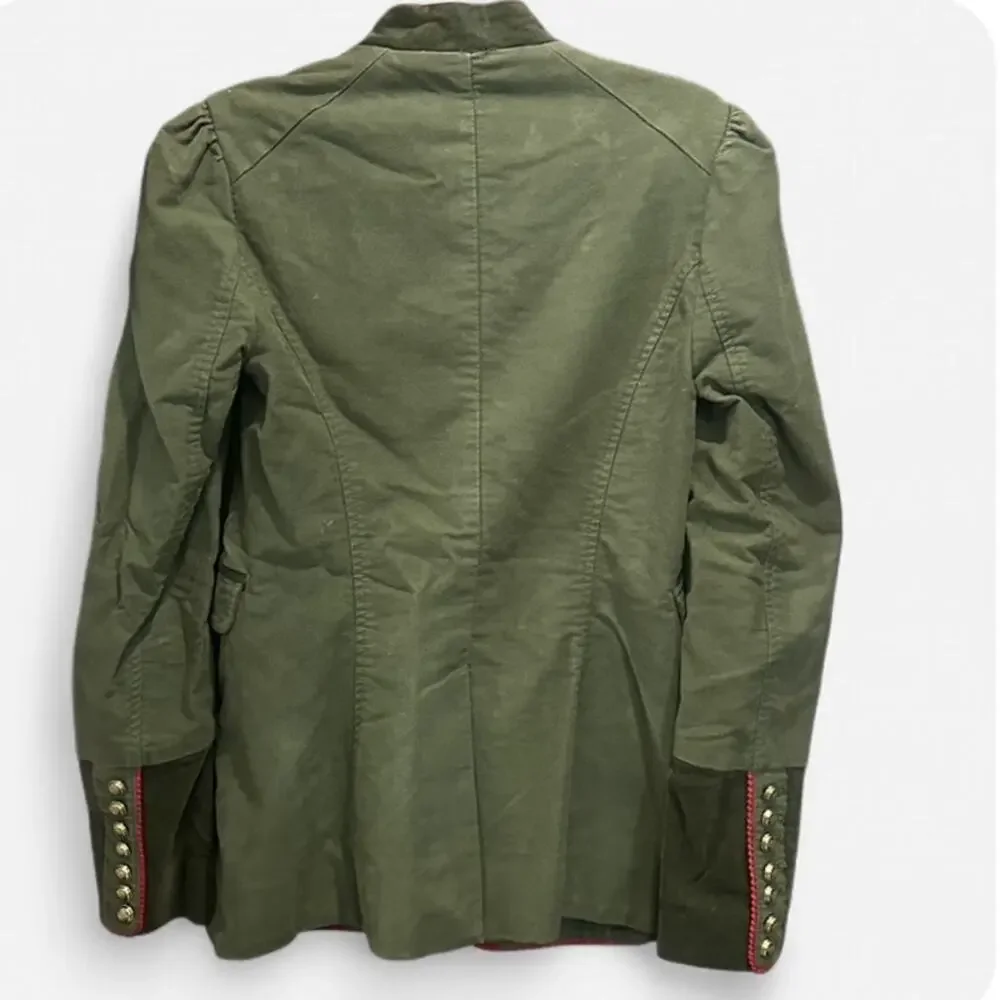 Free People Army Green Military Jacket XS Braided Trim Victorian Cotton